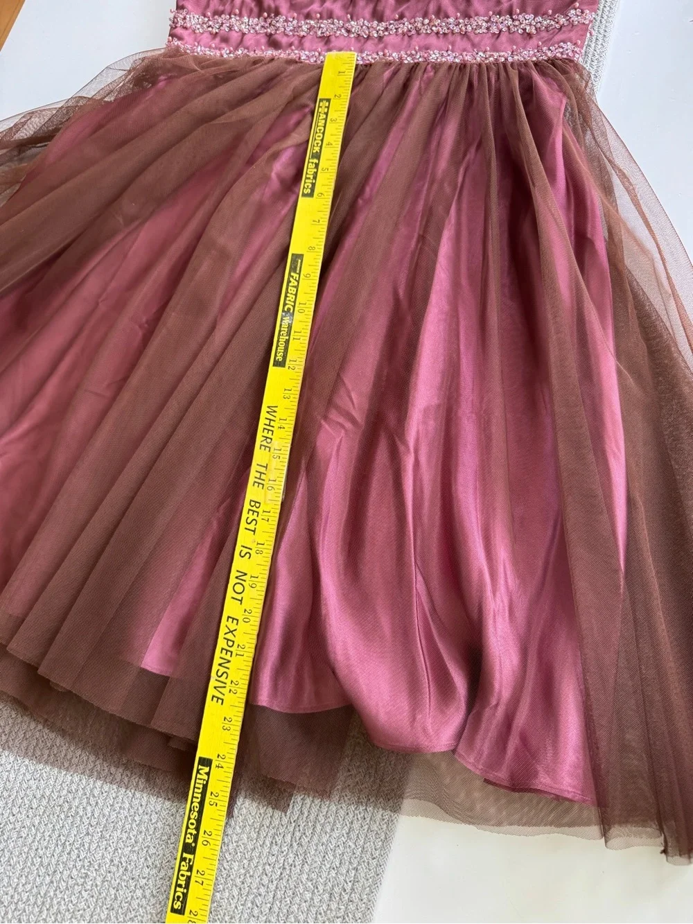 Vintage 90s JS Boutique Pink Brown Beaded Pearls Tulle Midi Dress Sz 14